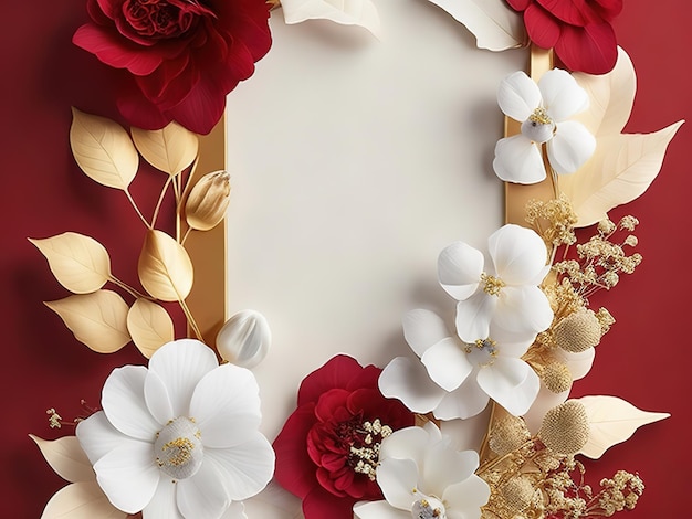 A red and white floral frame with gold flowers and gold leaves.