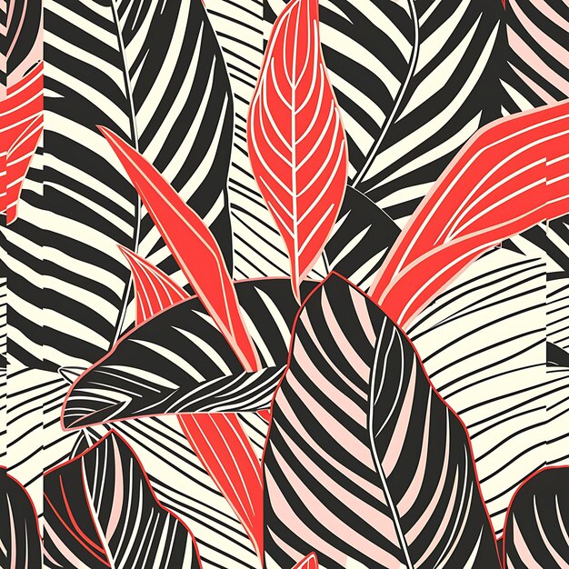 a red and white floral pattern features a red and black tropical plant