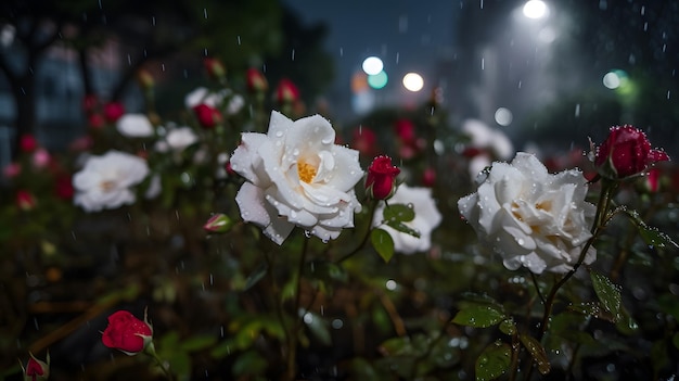 A red and white flower in the rain