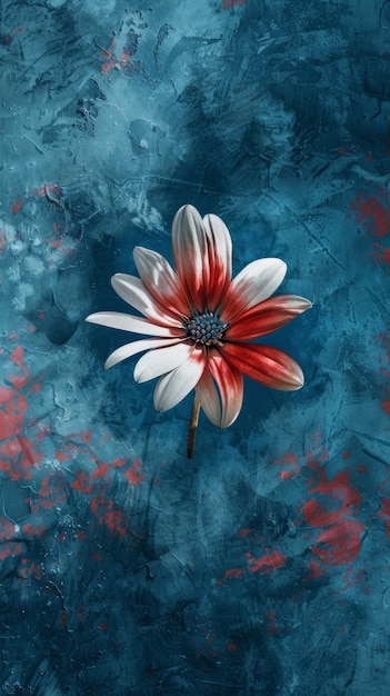 Foto red and white flower on textured blue background
