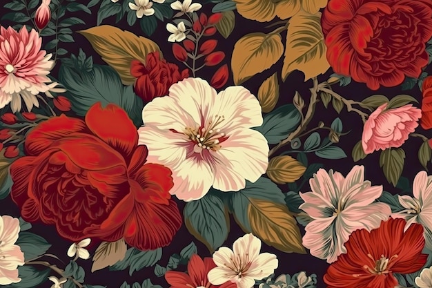 Red and white flowers on a black background Generative AI