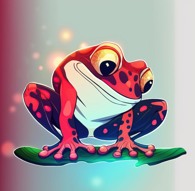 A red and white frog with a black and red body and a white belly sits on a leaf.