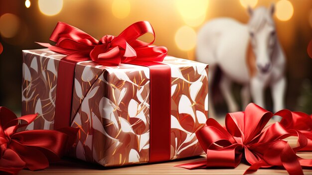 A red and white gift box with horses in the background