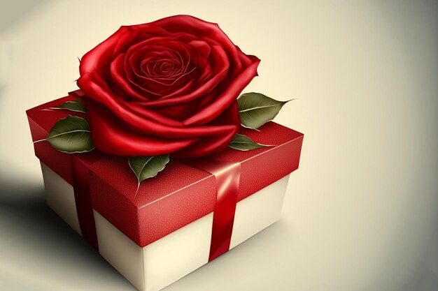 A red and white gift box with a rose on it.