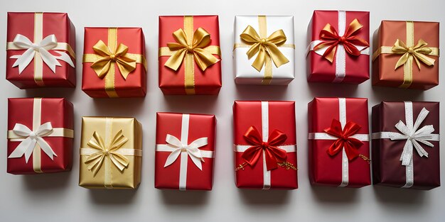 Photo red and white gift wrapped presents with a red and gold ribbon bows isolated against