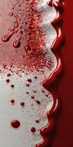 a red and white glass vase with water drops on it