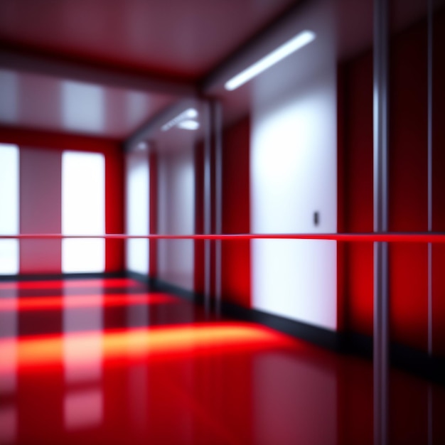 A red and white hallway with a white wall and a red floor.