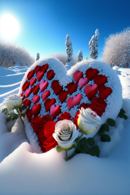 Red and white heart with roses in the snow Generative Ai