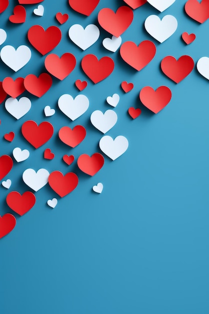 Red and White Hearts on Blue Background with Copy Space