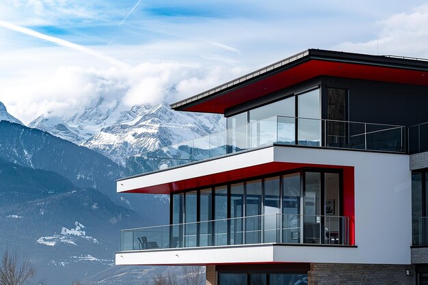 a red and white house with a mountain in the background