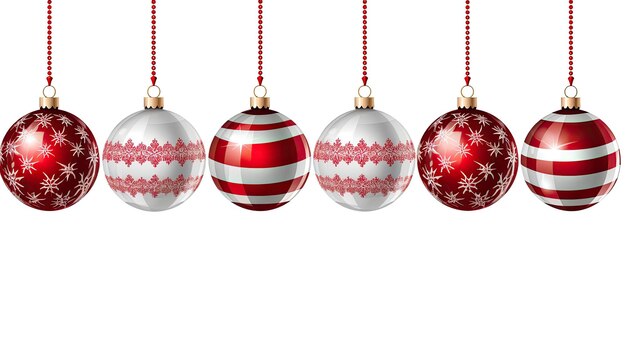 Photo red and white illustration of christmas balls hanging against a background by generative ai