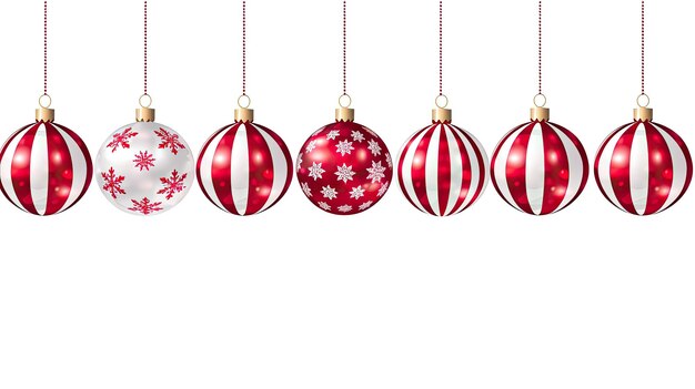 Photo red and white illustration of christmas balls hanging against a background by generative ai