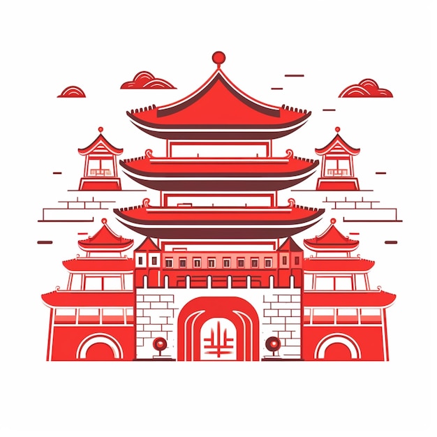Photo a red and white illustration of a pagoda with a gate generative ai