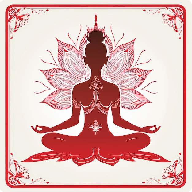 a red and white image of a buddha in lotus position