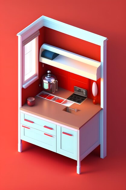 A red and white kitchen with a sink and stove style of 3d