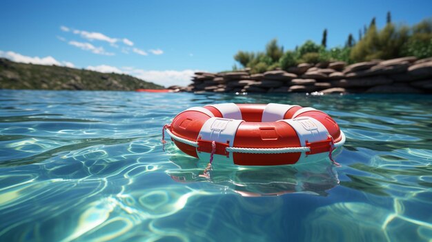A red and white life preserver waters
