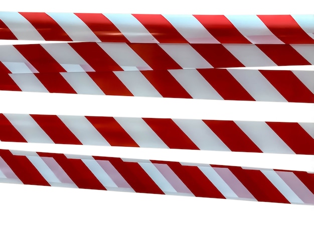 Red and white lines of barrier tape prohibit passage. Barrier tape on white isolate. Barrier that prohibits traffic. Warning tape. Danger unsafe area warning do not enter. Concept of no entry