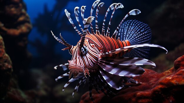 Photo red and white lionfish swimming in an aquarium