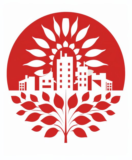 Photo red and white logo with city background