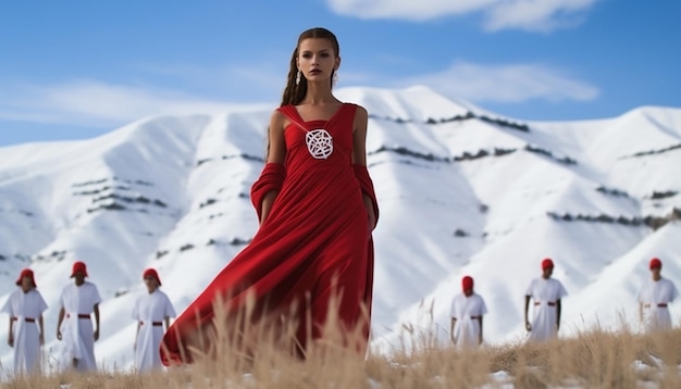 Red and white Martisor against the backdrop of a snowy Romanian landscape