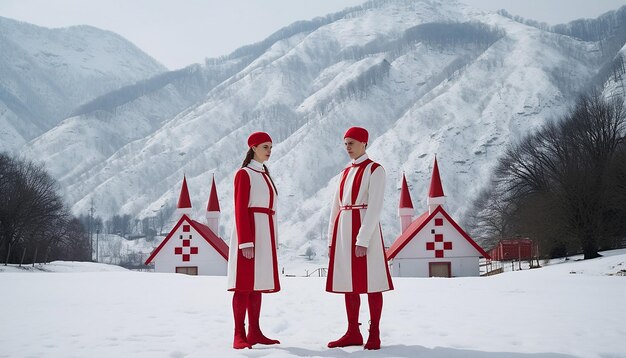 Photo red and white martisor against the backdrop of a snowy romanian landscape