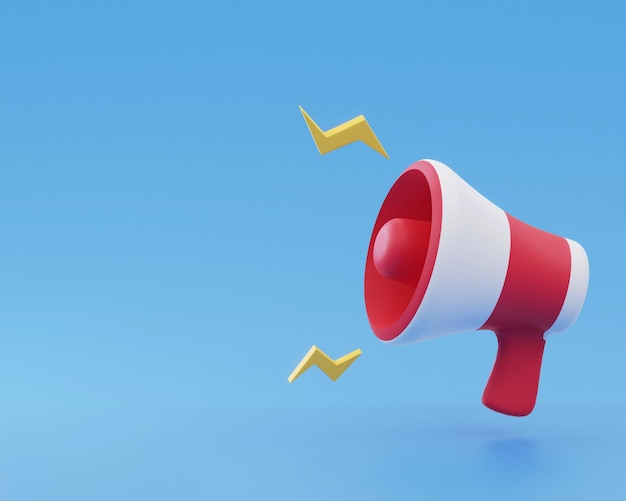 Red and white megaphone with yellow rays on blue background\
concept megaphone for graphic composition 3d render 3d art