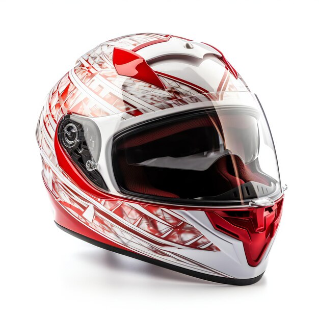 Red and white motorcycle helmet isolated on white background