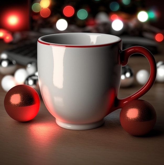 빨간색 손잡이가 있는 빨간색과 흰색 머그컵이 배경에 크리스마스 조명이 있는 테이블 위에 있습니다.
