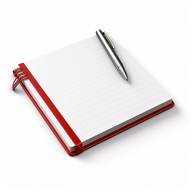 a red and white notebook with a pen on top of it