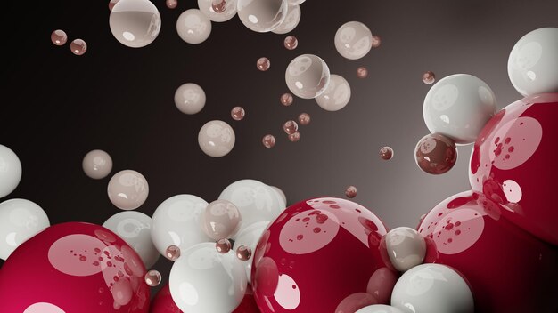 Red white palette abstract 3D render of dynamic abstract glossy spheres background for mockups,flat lay designs and templates with copy space for text.Dynamic wallpaper with balls or particles