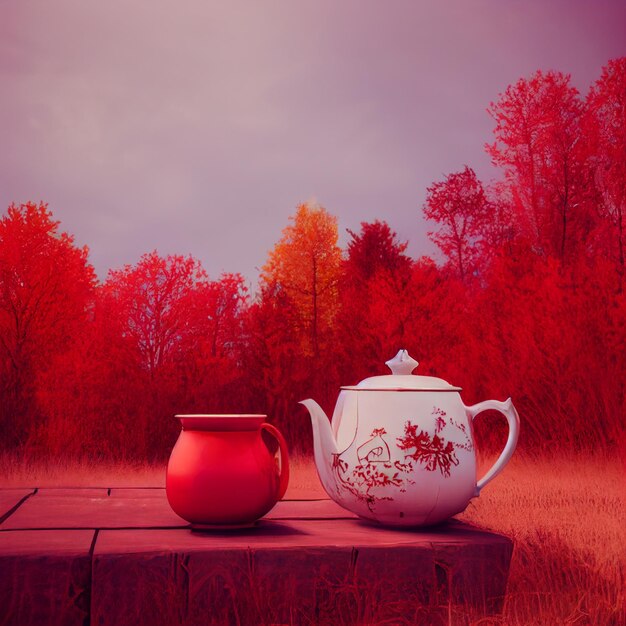 Red and white palette teapot and a cup on the table at beautiful fall season red trees