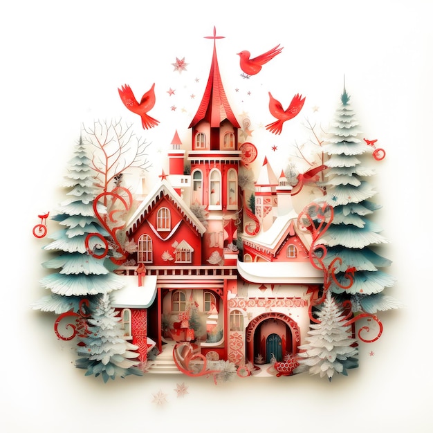 a red and white paper cut of a church surrounded by trees and birds