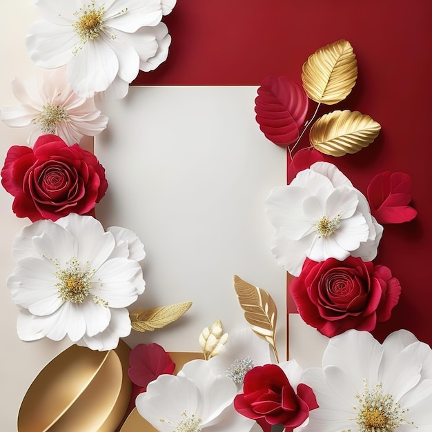 Red and white paper flowers and gold leaves on a red background