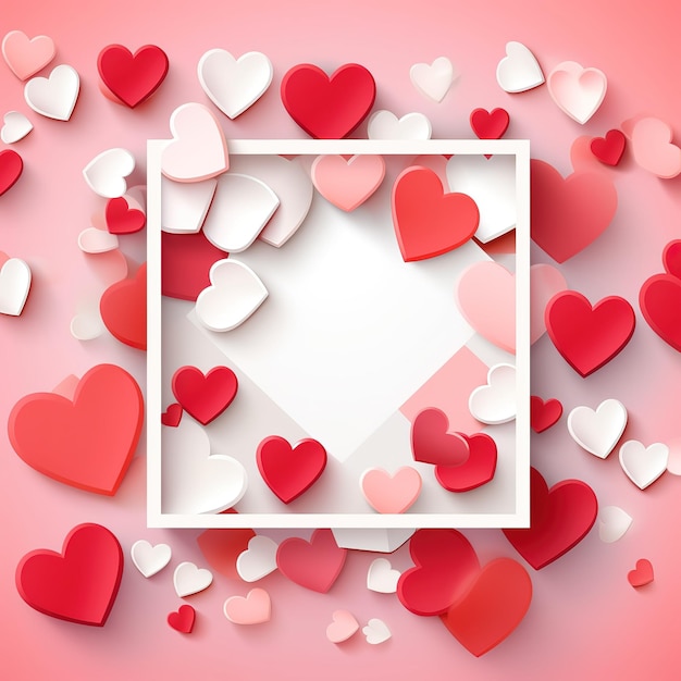 Red and white paper hearts on a pink background