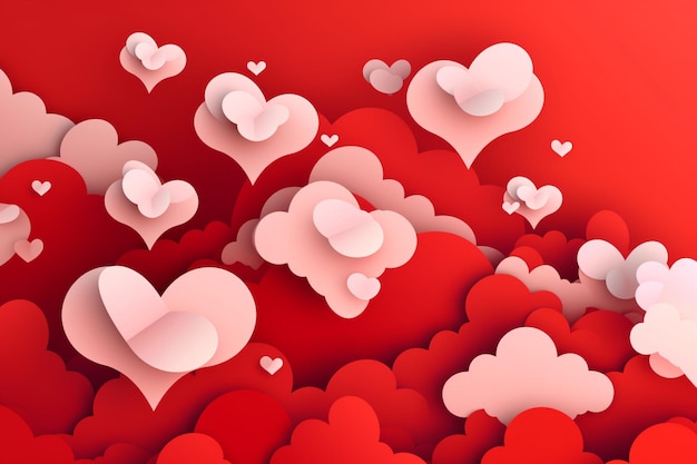 Red and white paper hearts in the sky