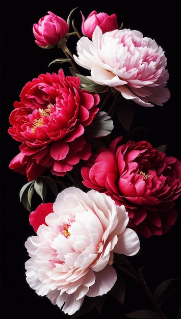 검정색 배경에 빨간색 흰색과 분홍색 흰색 장미
