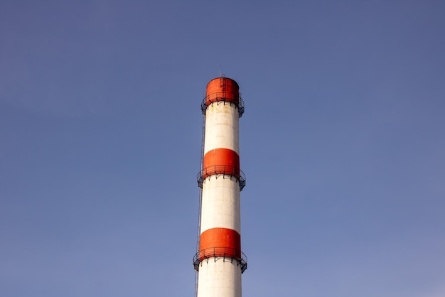 Red and white pipe of plant against background of blue sky