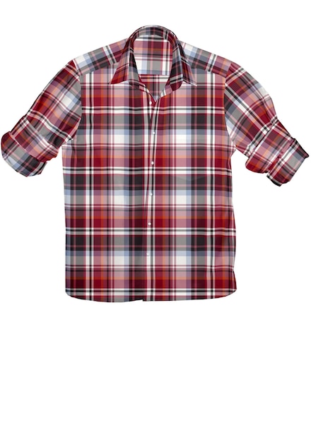 흰색 칼라가 있는 빨간색과 흰색 체크 무늬 셔츠.