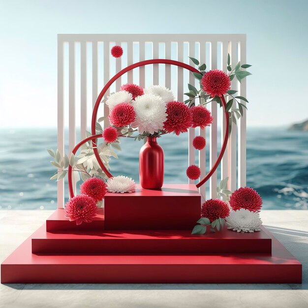 Red and white podium with chrysanthemum and sea background