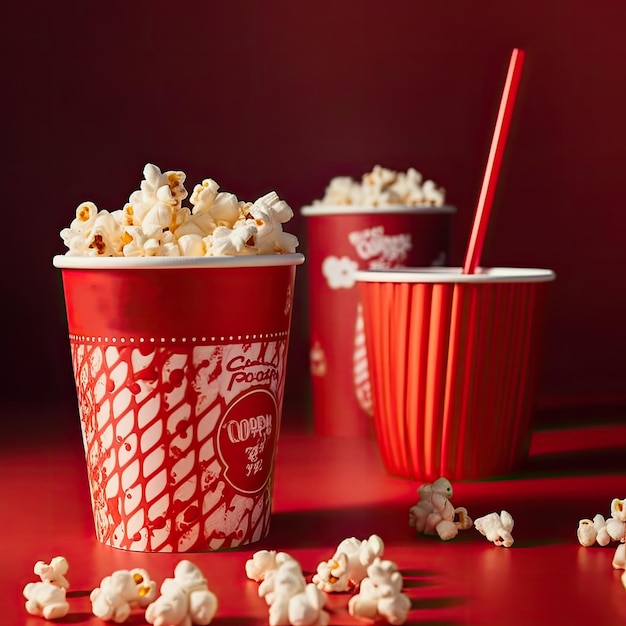 A red and white popcorn cup with a straw in it.