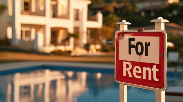 Photo red and white for rent sign next to pool