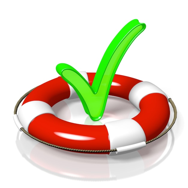 Red and white rescue buoy and checkmark 3D illustration
