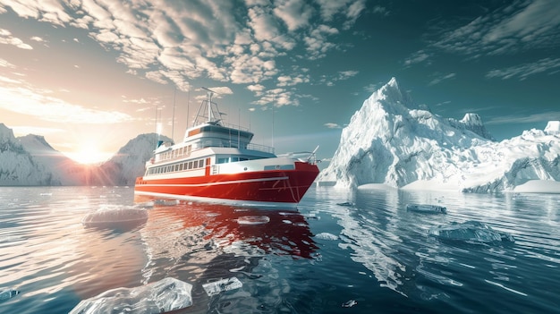 Red and White Research vessel moving by polar sea waters between huge icebergs mountains during long