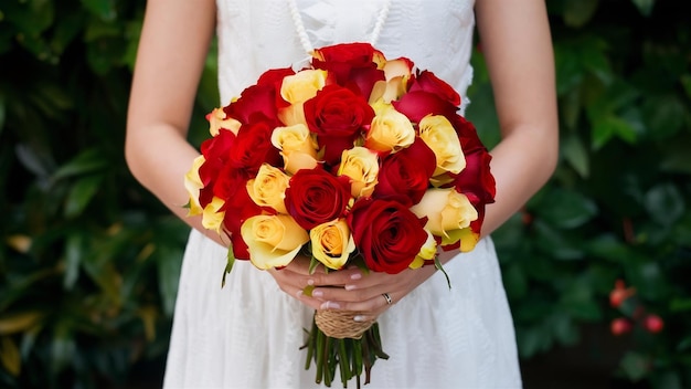 Red and white ribbons twine bouquet of red and yellow roses