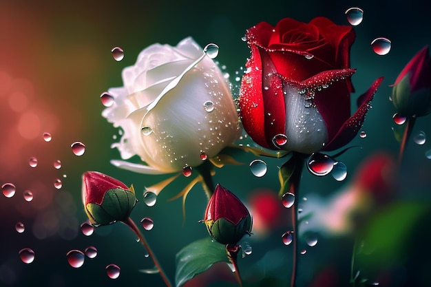 Red and white rose flower in the garden with rain drop and sunlight with bokeh