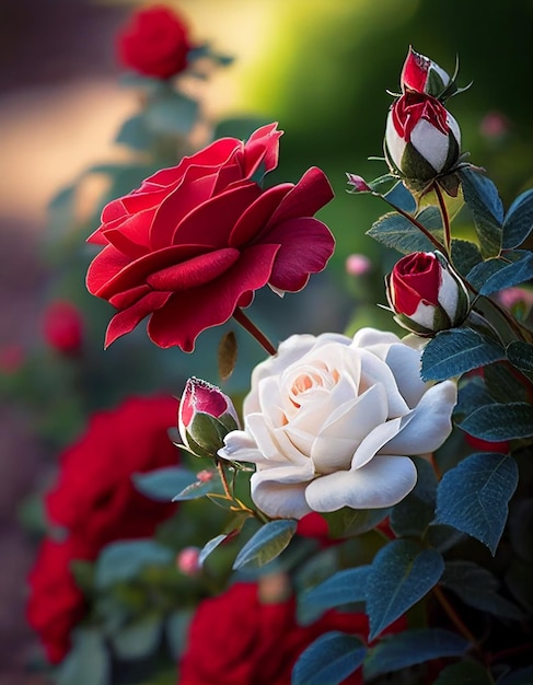 A red and white rose is in a garden.