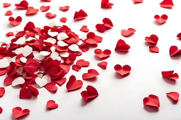 Red and white rose petals on white background