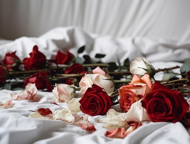 Red and white roses on white sheets copy space