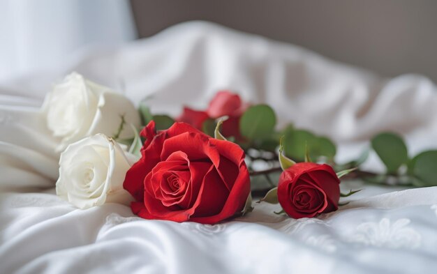 Photo red and white roses on white sheets with copy space closeup of beautiful flowers