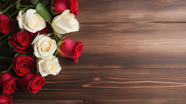 Photo red and white roses on a wooden background